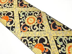 アンティーク　斜め格子に菊唐草模様織り出し袋帯（着用可）